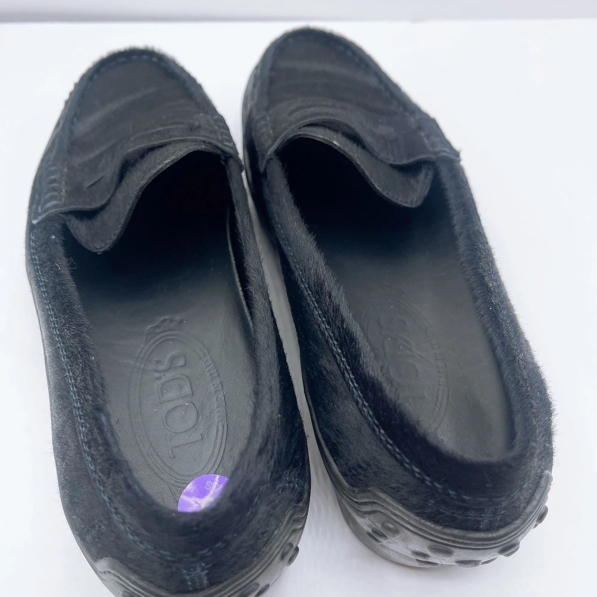 Tods Womens Black Calf Hair Loafers Size 9