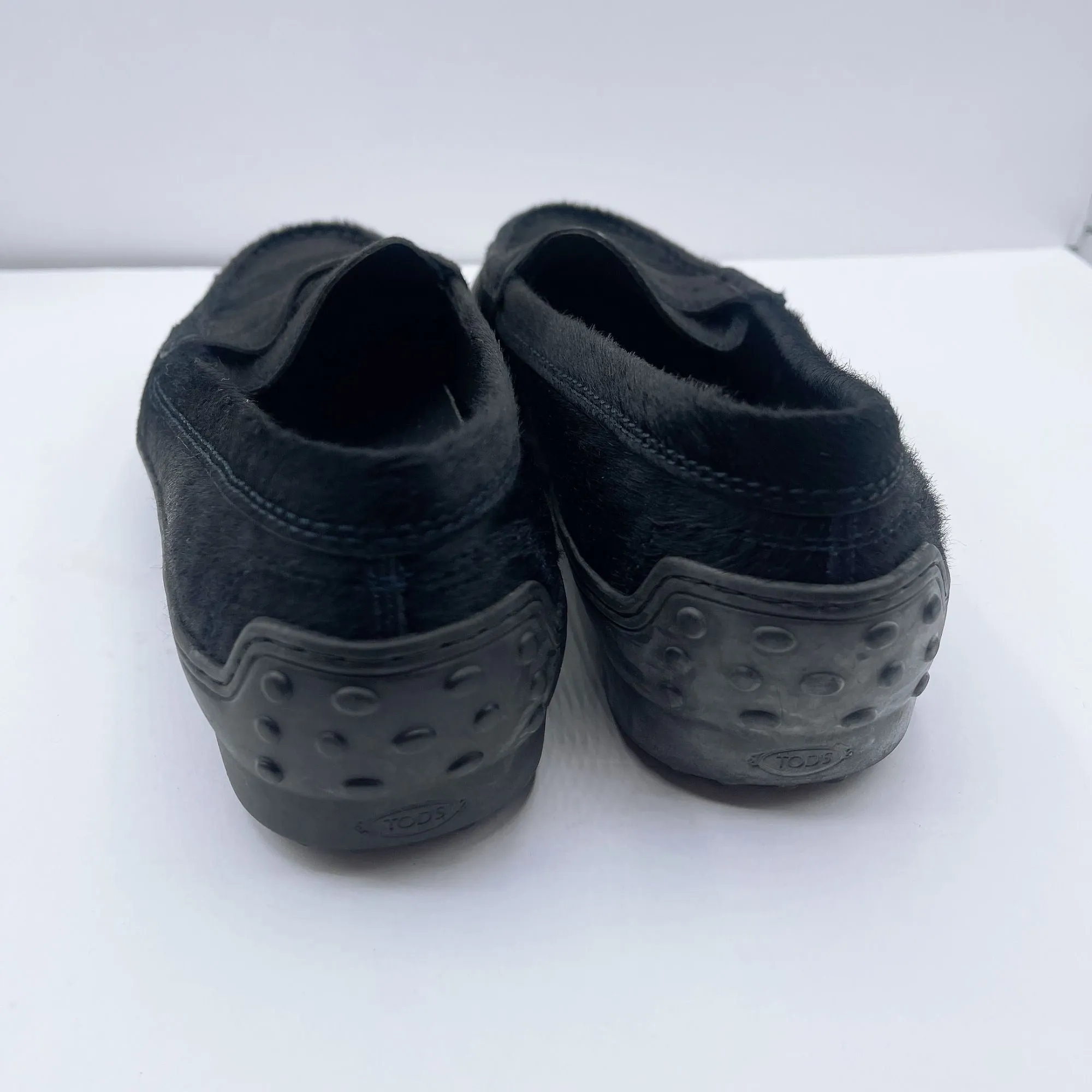 Tods Womens Black Calf Hair Loafers Size 9