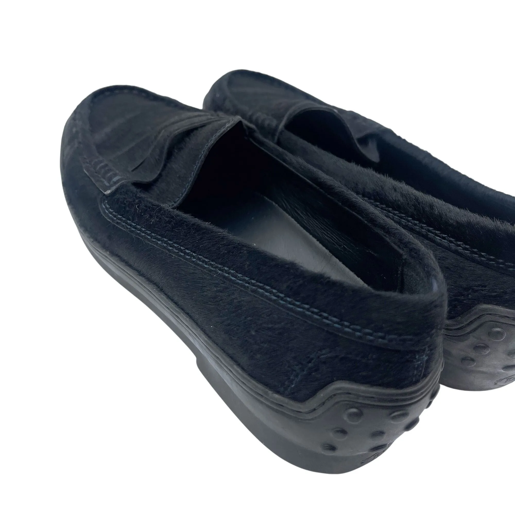 Tods Womens Black Calf Hair Loafers Size 9